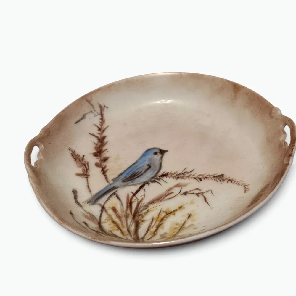 Vintage Hand Painted Bluebird Porcelain Trinket Dish Signed Cottagecore 5